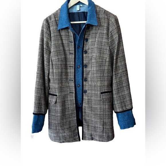 Sahali Plaid Tweed & Denim sz. 12 Lagen-Look Blue Tan Equestrian Riding Jacket - Picture 1 of 9